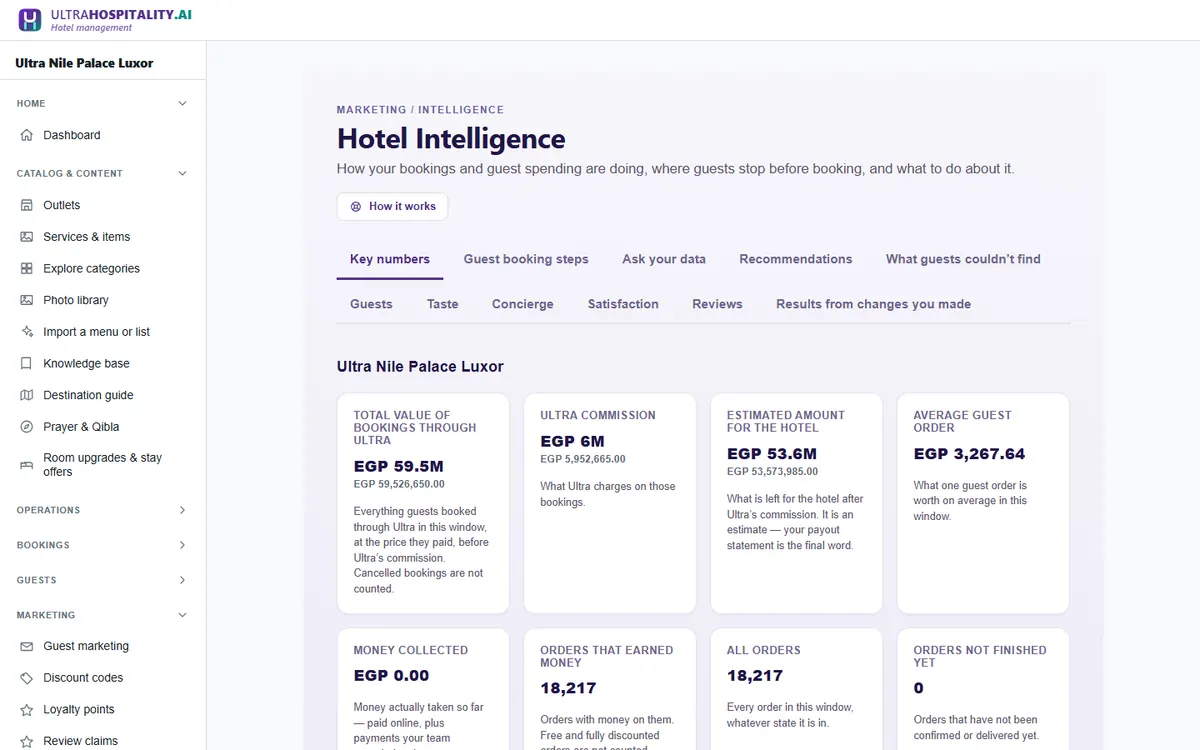 The guest intelligence screen of our demo hotel, with revenue and guest demand charts.